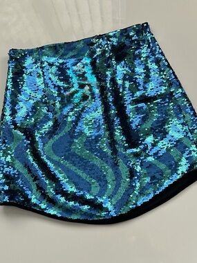 Zara Teal Blue Wave Pattern Sequin Mini Skirt